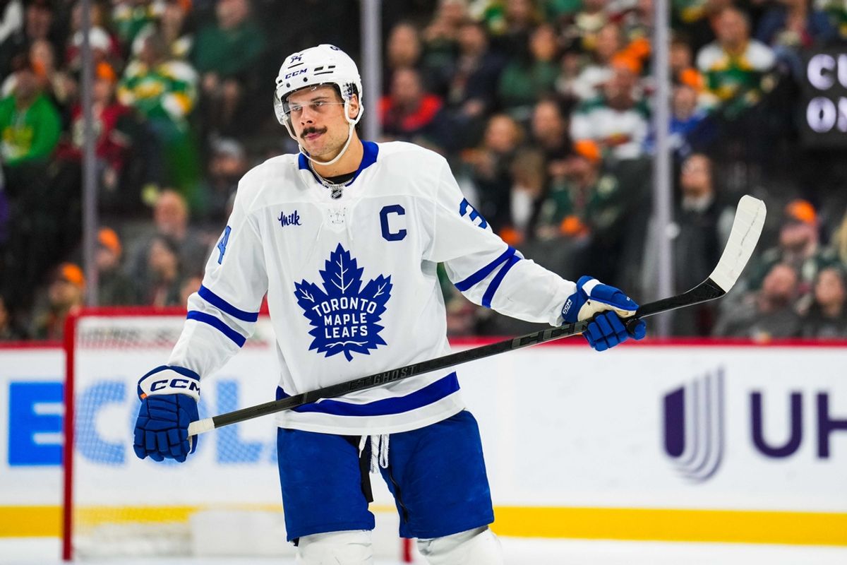 Nov 3, 2024; Saint Paul, Minnesota, USA; Toronto Maple Leafs center Auston Matthews (34) looks on during a game between the Minnesota Wild and Toronto Maple Leafs at Xcel Energy Center. Mandatory Credit: Brace Hemmelgarn-Imagn Images