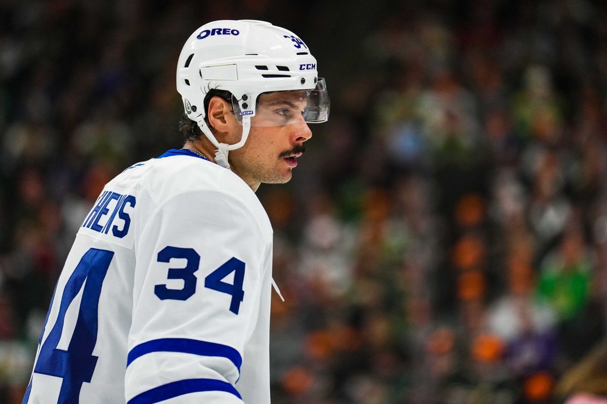 Nov 3, 2024; Saint Paul, Minnesota, USA; Toronto Maple Leafs center Auston Matthews (34) looks on during a game between the Minnesota Wild and Toronto Maple Leafs at Xcel Energy Center. Mandatory Credit: Brace Hemmelgarn-Imagn Images