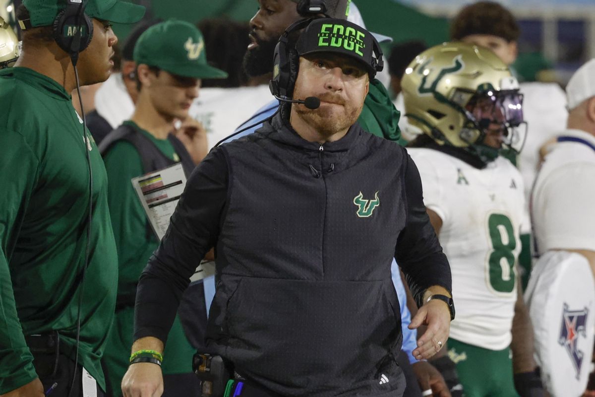 Nov 1, 2024; Boca Raton, Florida, USA;  South Florida Bulls head coach Alex Golesh on the sideline during the second quarter against the Florida Atlantic Owls at FAU Stadium. Mandatory Credit: Reinhold Matay-Imagn Images