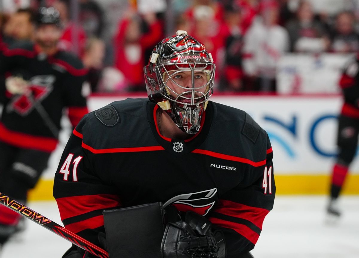 Nov 3, 2024; Raleigh, North Carolina, USA;  Carolina Hurricanes goaltender Spencer Martin (41) looks on during the warmups before the game against the Washington Capitals at Lenovo Center. Mandatory Credit: James Guillory-Imagn Images
