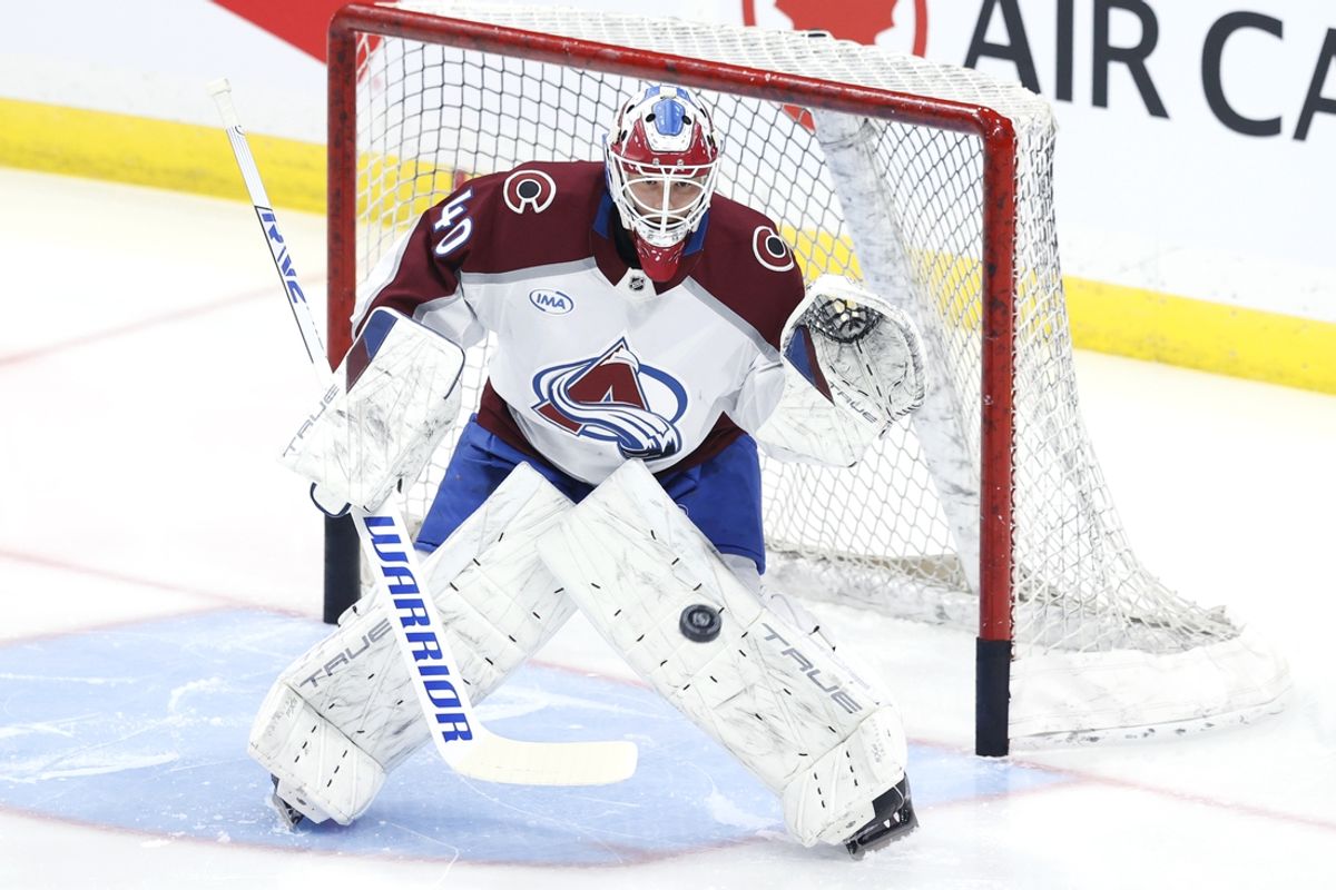 Nov 7, 2024; Winnipeg, Manitoba, CAN; Colorado Avalanche goaltender Alexandar Georgiev (40) warms up before a game against the Winnipeg Jets at Canada Life Centre. Mandatory Credit: James Carey Lauder-Imagn Images