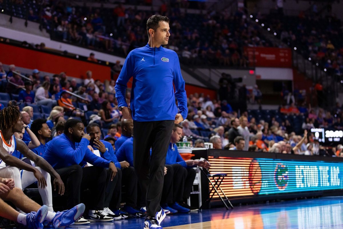 Nov 7, 2024; Gainesville, Florida, USA; Florida Gators head coach Todd Golden walks the sideline against the Jacksonville Dolphins during the first half at Exactech Arena at the Stephen C. O'Connell Center. Mandatory Credit: Matt Pendleton-Imagn Images