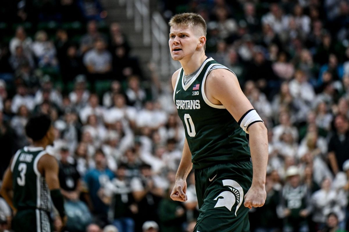 Michigan State's Jaxon Kohler celebrates after scoring and drawing a foul against Niagara during the first half on Thursday, Nov. 7, 2024, at the Breslin Center in East Lansing.