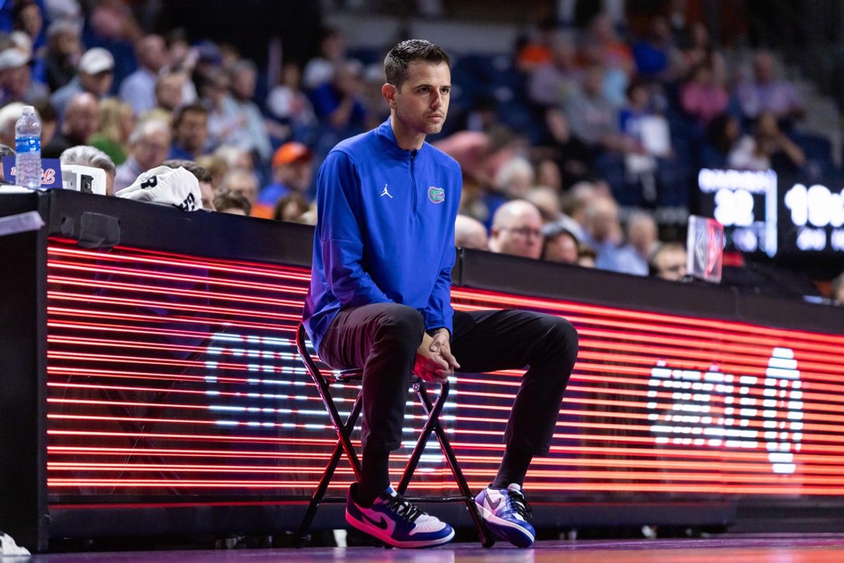 Nov 7, 2024; Gainesville, Florida, USA; Florida Gators head coach Todd Golden looks on against the Jacksonville Dolphins during the second half at Exactech Arena at the Stephen C. O'Connell Center. Mandatory Credit: Matt Pendleton-Imagn Images