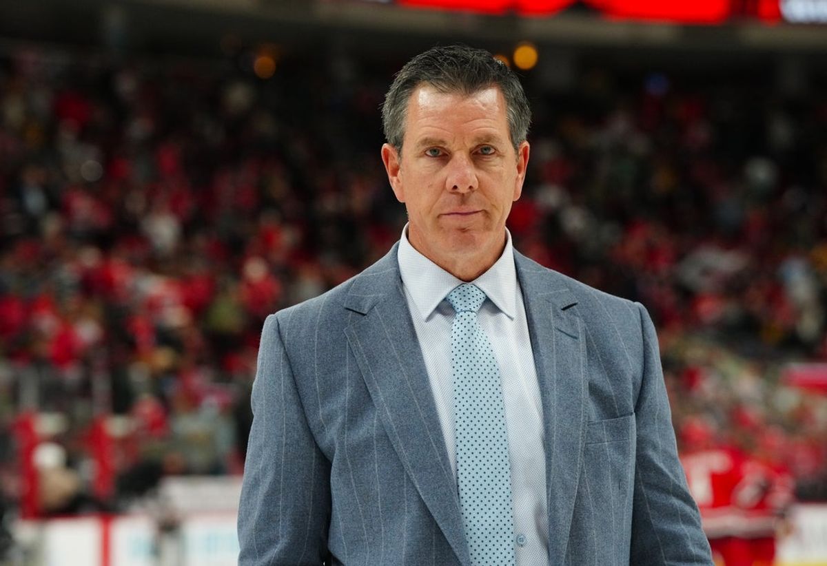 Nov 7, 2024; Raleigh, North Carolina, USA;  Pittsburgh Penguins head coach Mike Sullivan comes off the ice after a loss to the Carolina Hurricanes at Lenovo Center. Mandatory Credit: James Guillory-Imagn Images