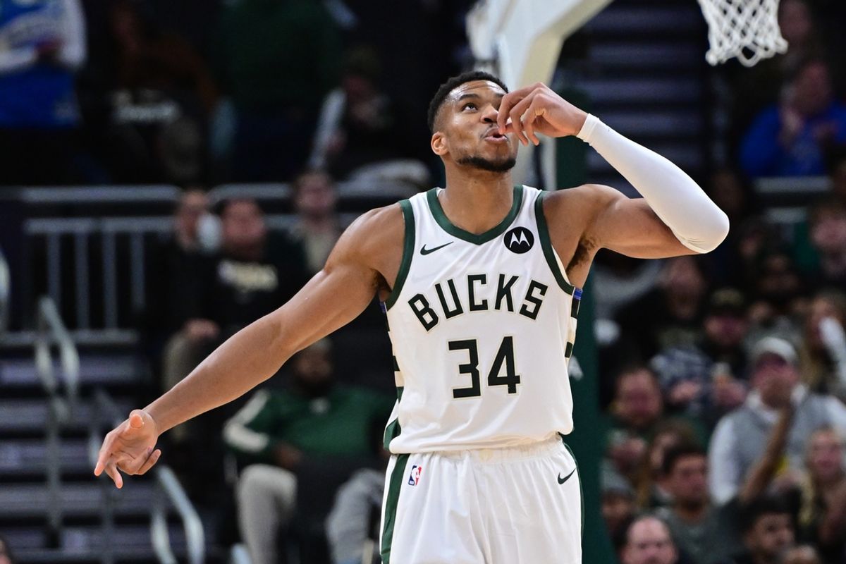 Nov 7, 2024; Milwaukee, Wisconsin, USA;  Milwaukee Bucks forward Giannis Antetokounmpo (34) gestures in the fourth quarter against the Utah Jazz at Fiserv Forum. Mandatory Credit: Benny Sieu-Imagn Images