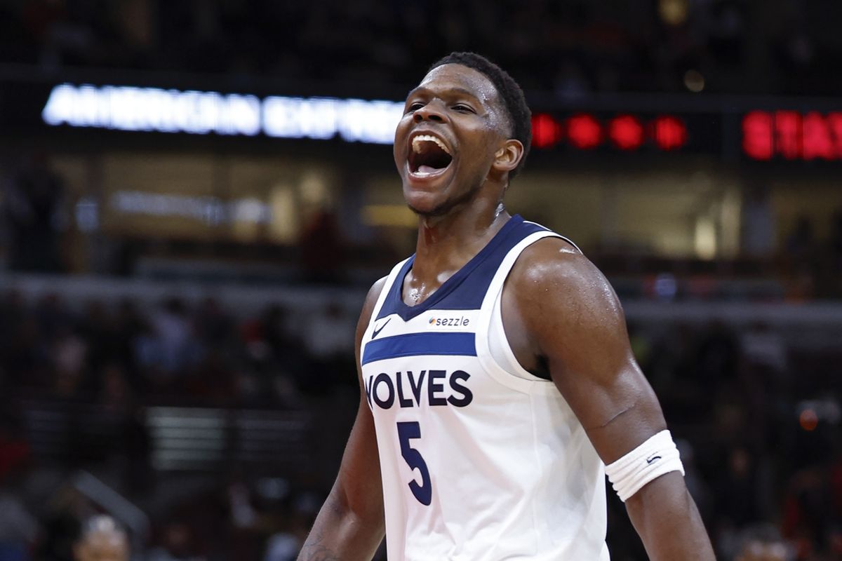 Nov 7, 2024; Chicago, Illinois, USA; Minnesota Timberwolves guard Anthony Edwards (5) celebrates after scoring against the Chicago Bulls during the second half at United Center. Mandatory Credit: Kamil Krzaczynski-Imagn Images