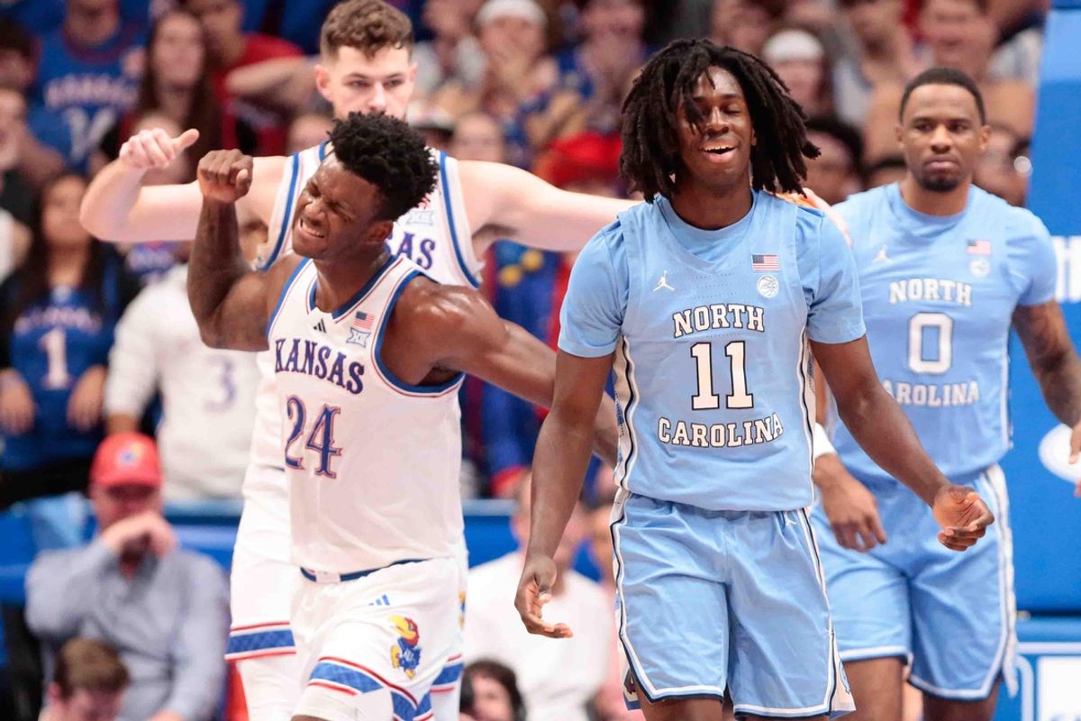 Kansas Jayhawks forward KJ Adams Jr. (24) yells out after a foul called on North Carolina Tar Heels in the first half of the game inside Allen Fieldhouse Friday, Nov. 8, 2024.