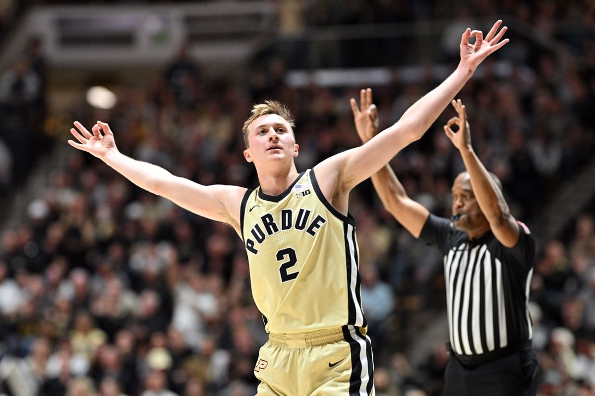 Nov 8, 2024; West Lafayette, Indiana, USA; Purdue Boilermakers guard Fletcher Loyer (2) celebrates a three pointer during the second half against the Northern Kentucky Norse at Mackey Arena. Mandatory Credit: Marc Lebryk-Imagn Images
