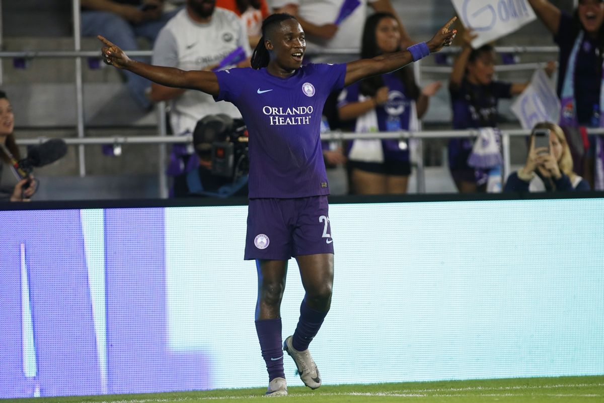 Nov 8, 2024; Orlando, Florida, USA; Orlando Pride forward Barbra Banda (22) celebrates after scoring a goal against the Chicago Red Stars in the first half in a 2024 NWSL Playoffs quarterfinal match at Inter&Co Stadium. Mandatory Credit: Russell Lansford-Imagn Images