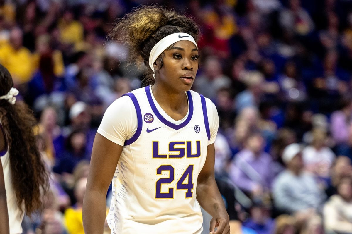 Nov 8, 2024; Baton Rouge, Louisiana, USA;  LSU Lady Tigers guard Aneesah Morrow (24) looks on against the Northwestern State Lady Demons during the first half at Pete Maravich Assembly Center. Mandatory Credit: Stephen Lew-Imagn Images