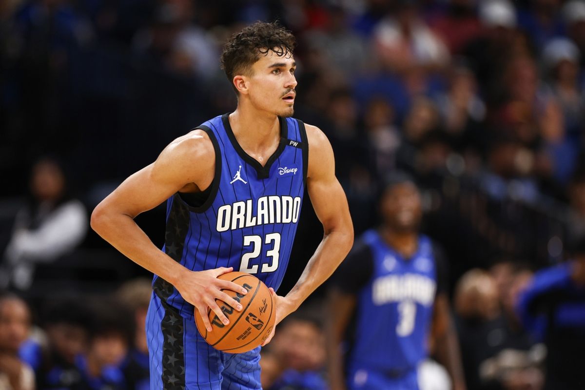 Nov 8, 2024; Orlando, Florida, USA; Orlando Magic forward Tristan da Silva (23) looks to pass the ball against the New Orleans Pelicans in the third quarter at Kia Center. Mandatory Credit: Nathan Ray Seebeck-Imagn Images