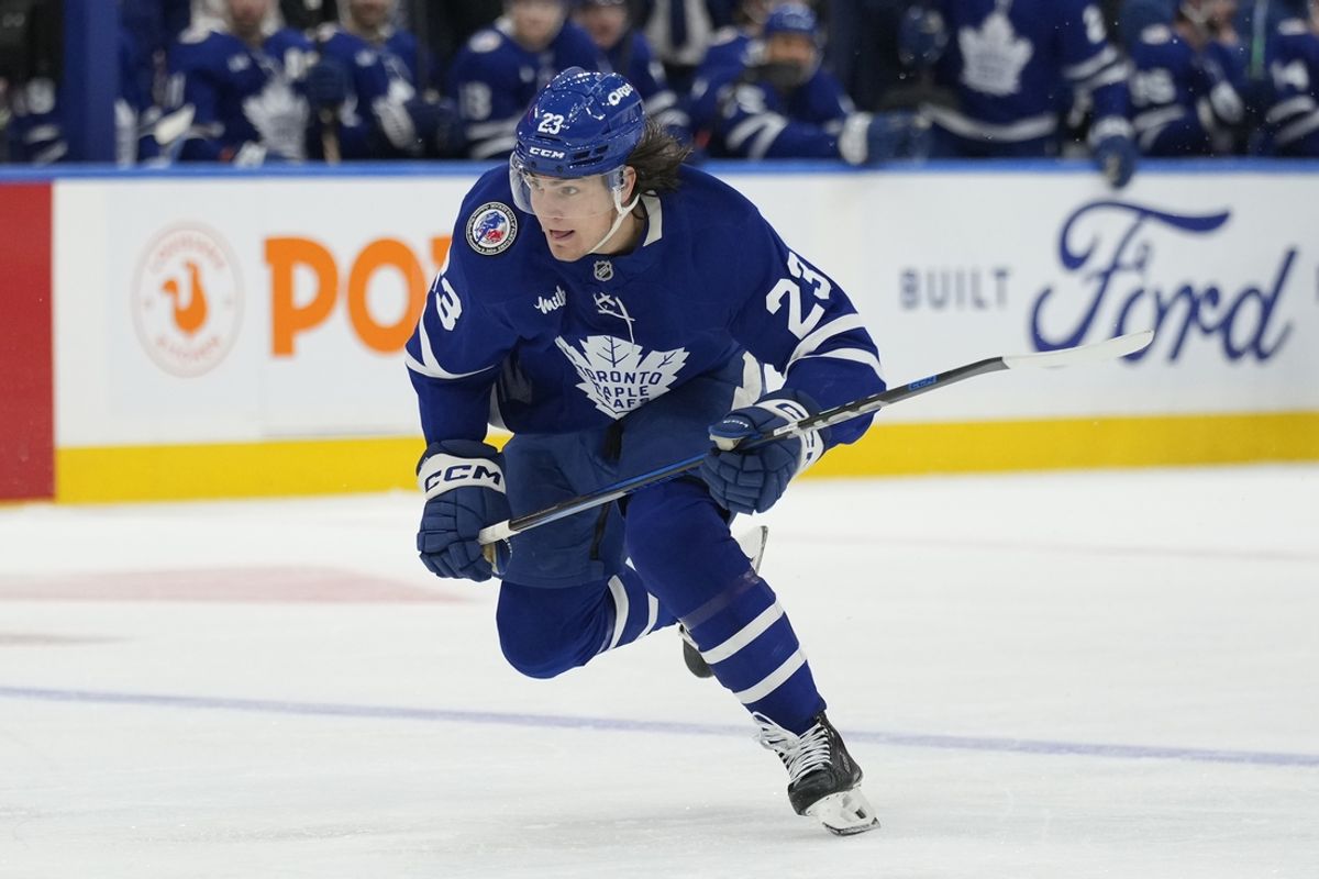 Nov 8, 2024; Toronto, Ontario, CAN; Toronto Maple Leafs forward Matthew Knies (23) skates against the Detroit Red Wings during the third period at Scotiabank Arena. Mandatory Credit: John E. Sokolowski-Imagn Images