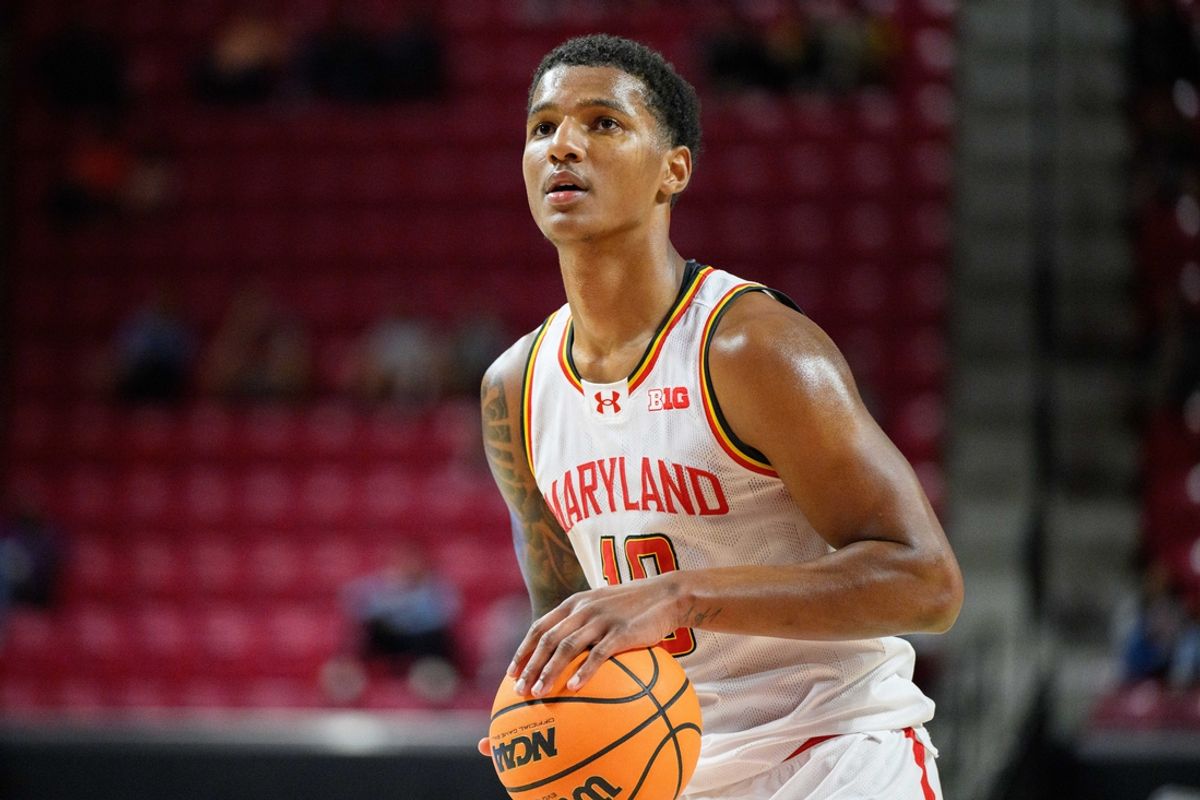 Nov 8, 2024; College Park, Maryland, USA; Maryland Terrapins forward Julian Reese (10) shoots a free throw against the Mount St. Mary's Mountaineers during the second half at Xfinity Center. Mandatory Credit: Reggie Hildred-Imagn Images