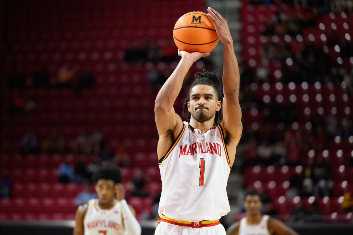 Nov 8, 2024; College Park, Maryland, USA; Maryland Terrapins guard Rodney Rice (1) shoots a free throw during the second half against the Mount St. Mary's Mountaineers at Xfinity Center. Mandatory Credit: Reggie Hildred-Imagn Images