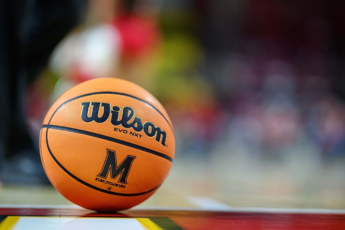 Nov 8, 2024; College Park, Maryland, USA; A detailed view of a basketball during a game between the Maryland Terrapins and the Mount St. Mary's Mountaineers at Xfinity Center. Mandatory Credit: Reggie Hildred-Imagn Images