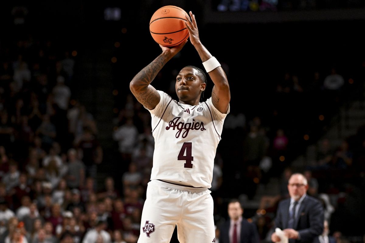 Aggies guard Wade Taylor IV and Texas A&M host Ohio State in a Top 25 matchup Friday night. Mandatory Credit: Maria Lysaker-Imagn Images