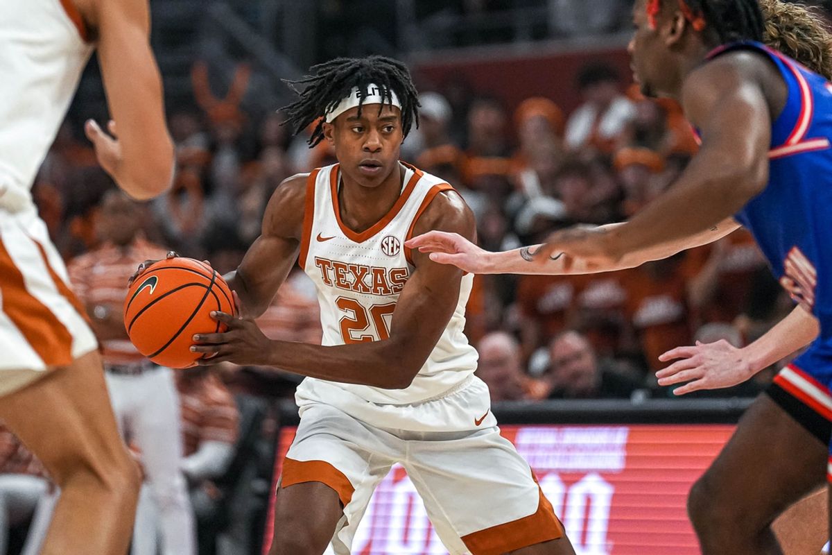 Texas Longhorns guard Tre Johnson (20) guards the ball during the game against Houston Christian at the Moody Center on Friday, Nov. 8, 2024 in Austin.