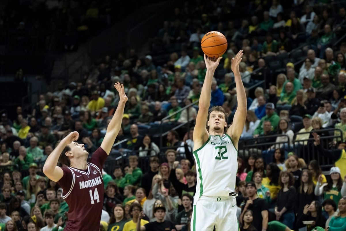Oregon center Nate Bittle puts up a shot for three as the Oregon Ducks host the Montana Grizzlies at Matthew Knight Arena Friday, Nov. 8, 2024 in Eugene, Ore.
