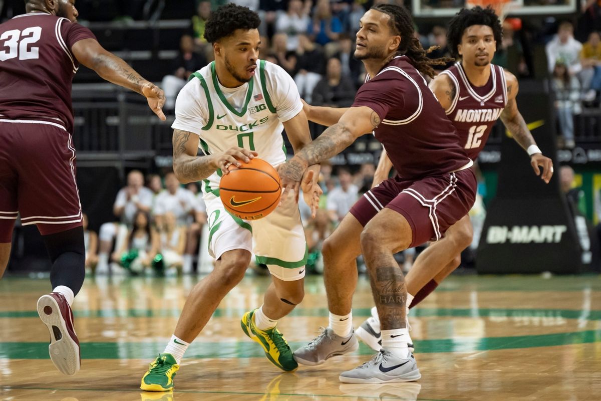 Oregon guard Ra'Heim Moss moves the ball up the court as the Oregon Ducks host the Montana Grizzlies at Matthew Knight Arena Friday, Nov. 8, 2024 in Eugene, Ore.