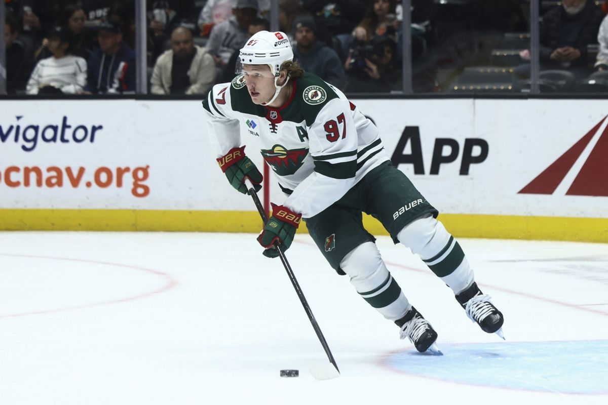 Nov 8, 2024; Anaheim, California, USA; Minnesota Wild left wing Kirill Kaprizov (97) skates during the second period of a hockey game against the Anaheim Ducks at Honda Center. Mandatory Credit: Jessica Alcheh-Imagn Images