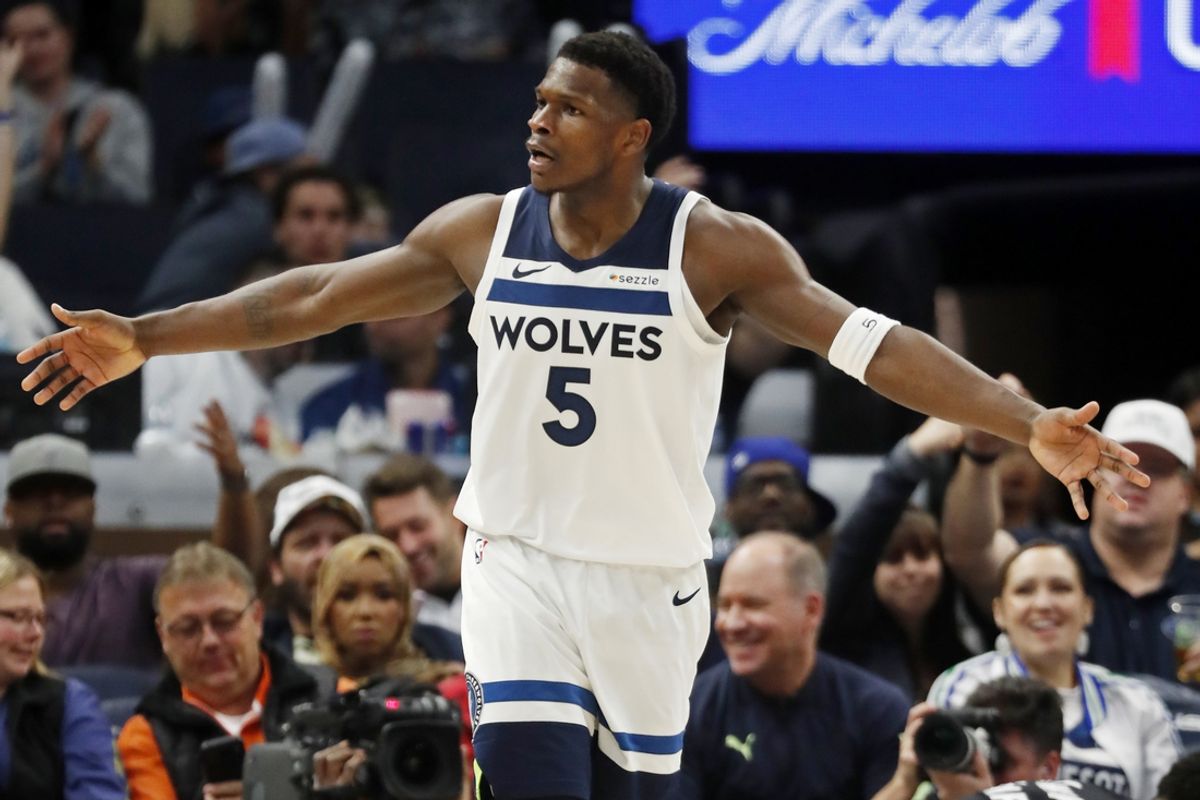 Nov 8, 2024; Minneapolis, Minnesota, USA; Minnesota Timberwolves guard Anthony Edwards (5) questions a no call during the third quarter against the Portland Trail Blazers at Target Center. Mandatory Credit: Bruce Kluckhohn-Imagn Images