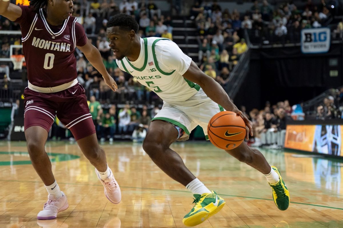 Oregon guard TJ Bamba presses toward the basket as the Oregon Ducks host the Montana Grizzlies at Matthew Knight Arena Friday, Nov. 8, 2024 in Eugene, Ore.