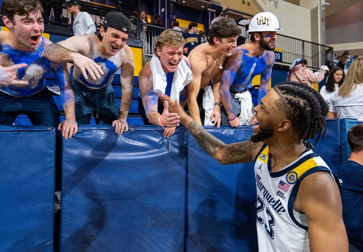 Marquette Golden Eagles forward David Joplin (23) celebrates the victory over George Mason on Friday November 8 2024 at the Al McGuire Center in Milwaukee, Wis.