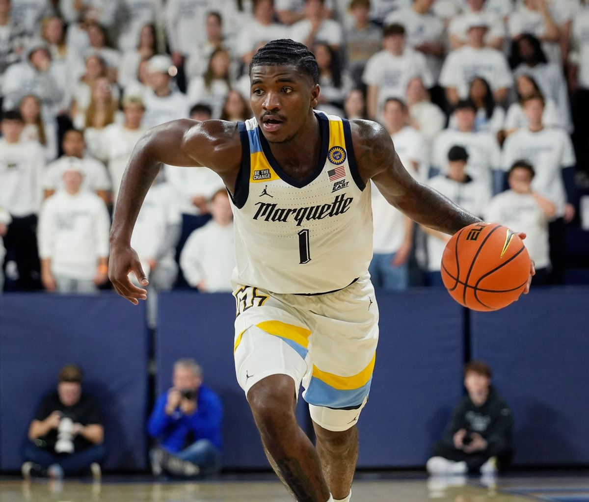 Marquette Golden Eagles guard Kam Jones (1) drives up the court during the first half of the game against George Mason on Friday November 8 2024 at the Al McGuire Center in Milwaukee, Wis.