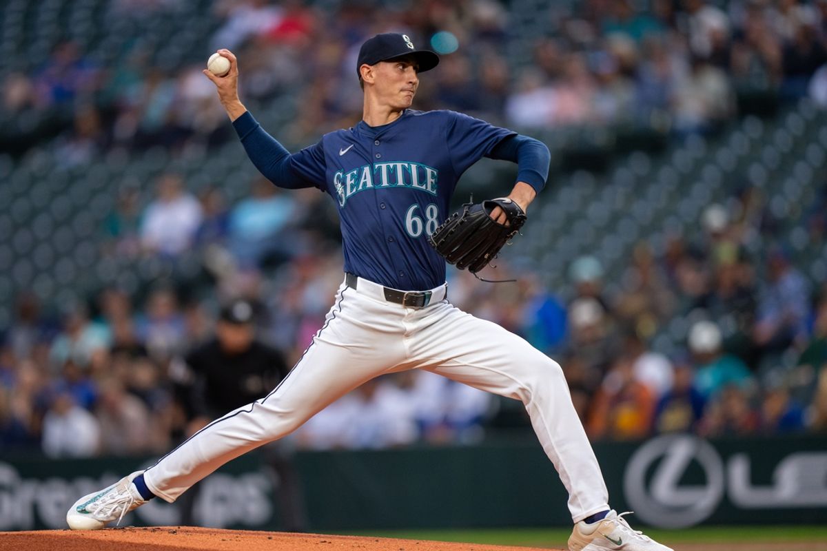 Sep 10, 2024; Seattle, Washington, USA;  Seattle Mariners starter George Kirby (68) delivers a pitch against the San Diego Padres at T-Mobile Park. Mandatory Credit: Stephen Brashear-Imagn Images