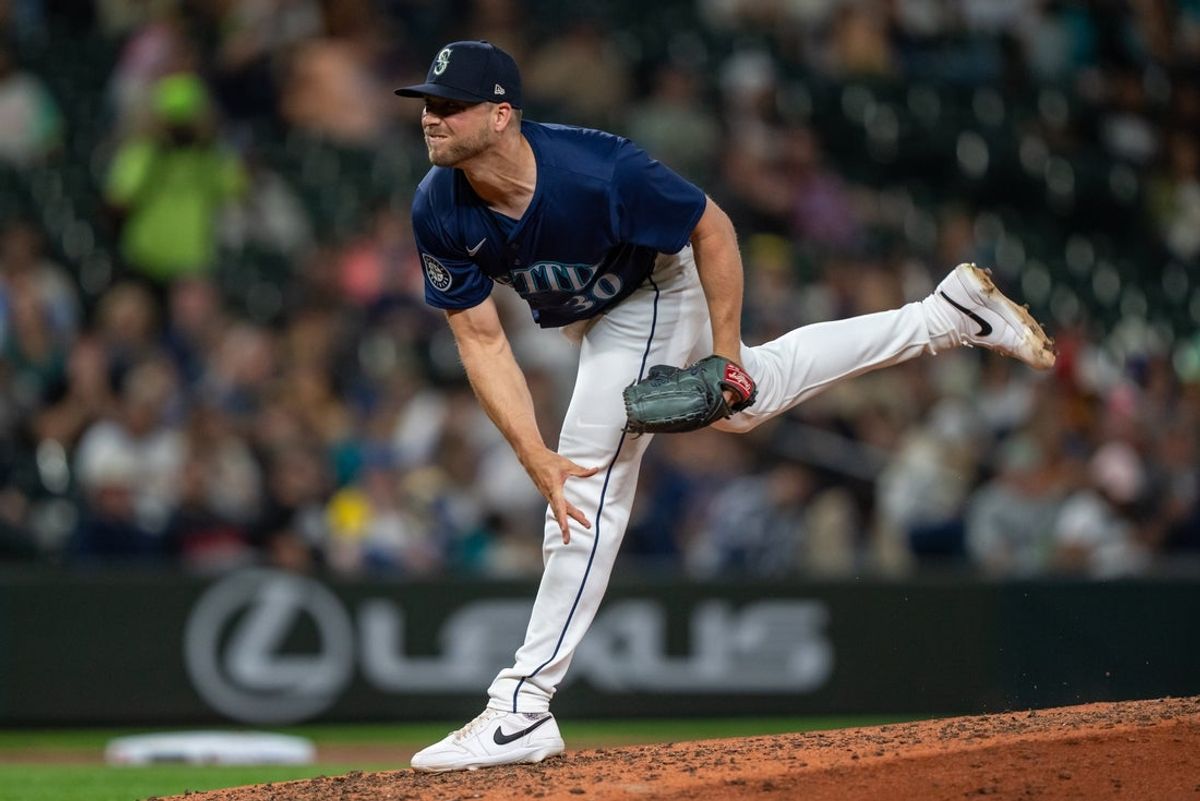 Sep 10, 2024; Seattle, Washington, USA;  Seattle Mariners Austin Voth (30) delivers a pitch against the San Diego Padres at T-Mobile Park. Mandatory Credit: Stephen Brashear-Imagn Images