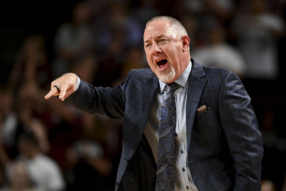 Nov 8, 2024; College Station, Texas, USA; Texas A&M Aggies head coach Buzz Williams reacts during the first half against the East Texas A&M Lions at Reed Arena. The Aggies defeated the Lions 87-55. Mandatory Credit: Maria Lysaker-Imagn Images