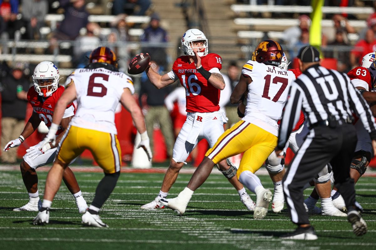 Nov 9, 2024; Piscataway, New Jersey, USA; Rutgers Scarlet Knights quarterback Athan Kaliakmanis (16) drops back to pass during the first half against the Minnesota Golden Gophers at SHI Stadium. Mandatory Credit: Vincent Carchietta-Imagn Images