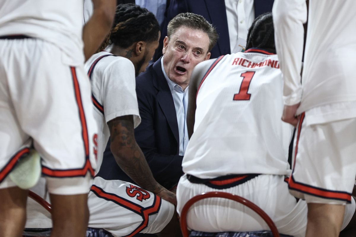 Nov 9, 2024; Queens, New York, USA;  St. John's Red Storm head coach Rick Pitino gives instructions to the team in the first half against the Quinnipiac Bobcats at Carnesecca Arena. Mandatory Credit: Wendell Cruz-Imagn Images