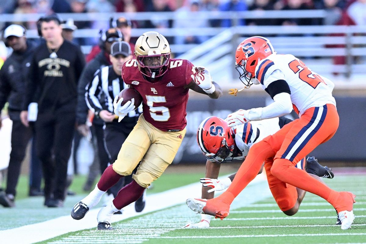 Nov 9, 2024; Chestnut Hill, Massachusetts, USA; Boston College Eagles running back Kye Robichaux (5) runs against the Syracuse Orange during the second half at Alumni Stadium. Mandatory Credit: Brian Fluharty-Imagn Images