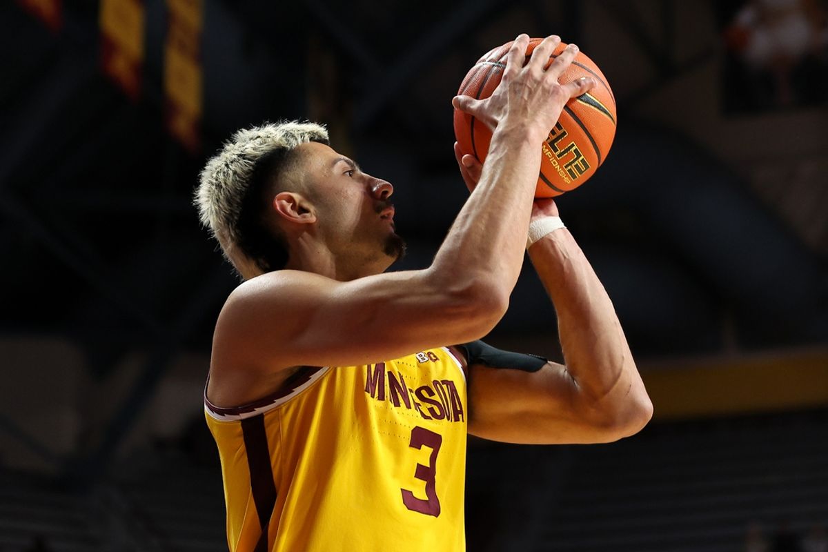 Nov 9, 2024; Minneapolis, Minnesota, USA; Minnesota Golden Gophers forward Dawson Garcia (3) shoots against the Omaha Mavericks during the first half at Williams Arena. Mandatory Credit: Matt Krohn-Imagn Images