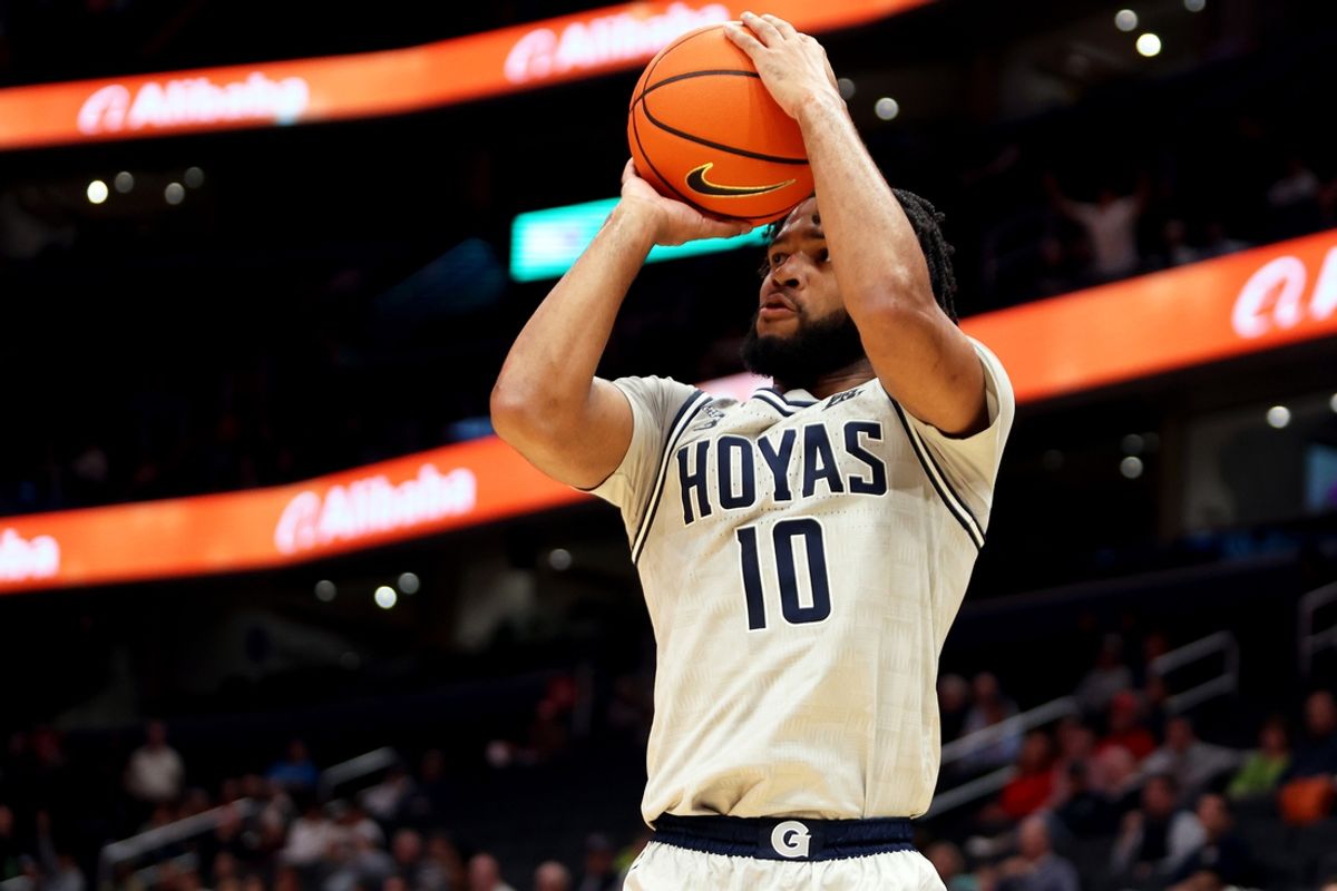 Nov 9, 2024; Washington, District of Columbia, USA; Georgetown Hoyas guard Jayden Epps (10) takes a shot during the first half against the Fairfield Stags at Capital One Arena. Mandatory Credit: Daniel Kucin Jr.-Imagn Images