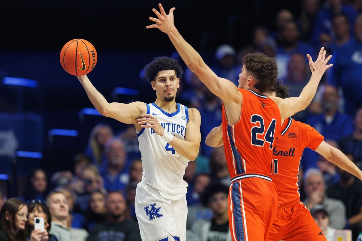 Nov 9, 2024; Lexington, Kentucky, USA; Kentucky Wildcats guard Koby Brea (4) passes the ball during the first half against the Bucknell Bison at Rupp Arena at Central Bank Center. Mandatory Credit: Jordan Prather-Imagn Images
