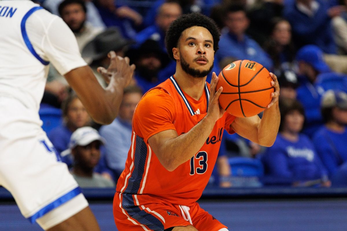 Nov 9, 2024; Lexington, Kentucky, USA; Bucknell Bison guard Josh Bascoe (13) shoots the ball during the first half against the Kentucky Wildcats at Rupp Arena at Central Bank Center. Mandatory Credit: Jordan Prather-Imagn Images