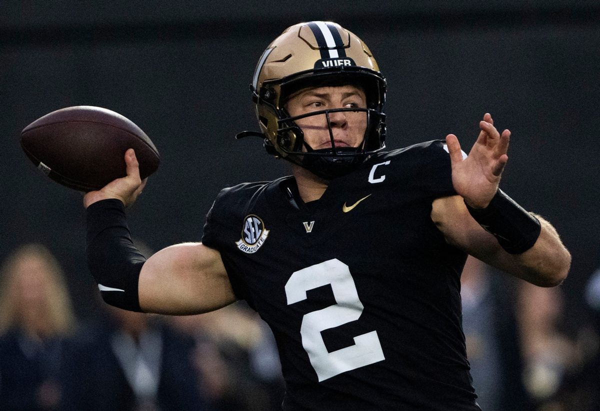 Vanderbilt Commodores quarterback Diego Pavia (2) throws to an open teammate against South Carolina Gamecocks during the first half FirstBank Stadium in Nashville, Tenn., Saturday, Nov. 9, 2024.