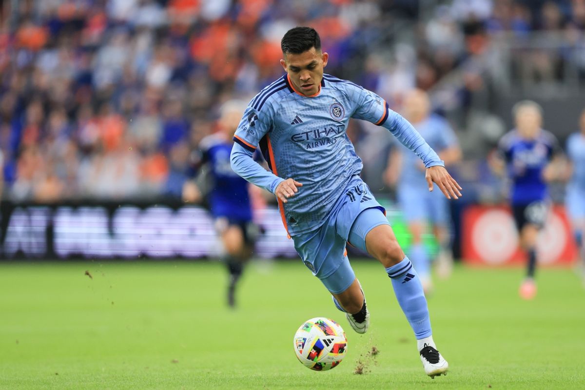 Nov 9, 2024; Cincinnati, Ohio, USA; New York City FC forward Alonso Martinez (16) has the ball against FC Cincinnati during the first half in a 2024 MLS Cup Playoffs Round One match at TQL Stadium. Mandatory Credit: Katie Stratman-Imagn Images