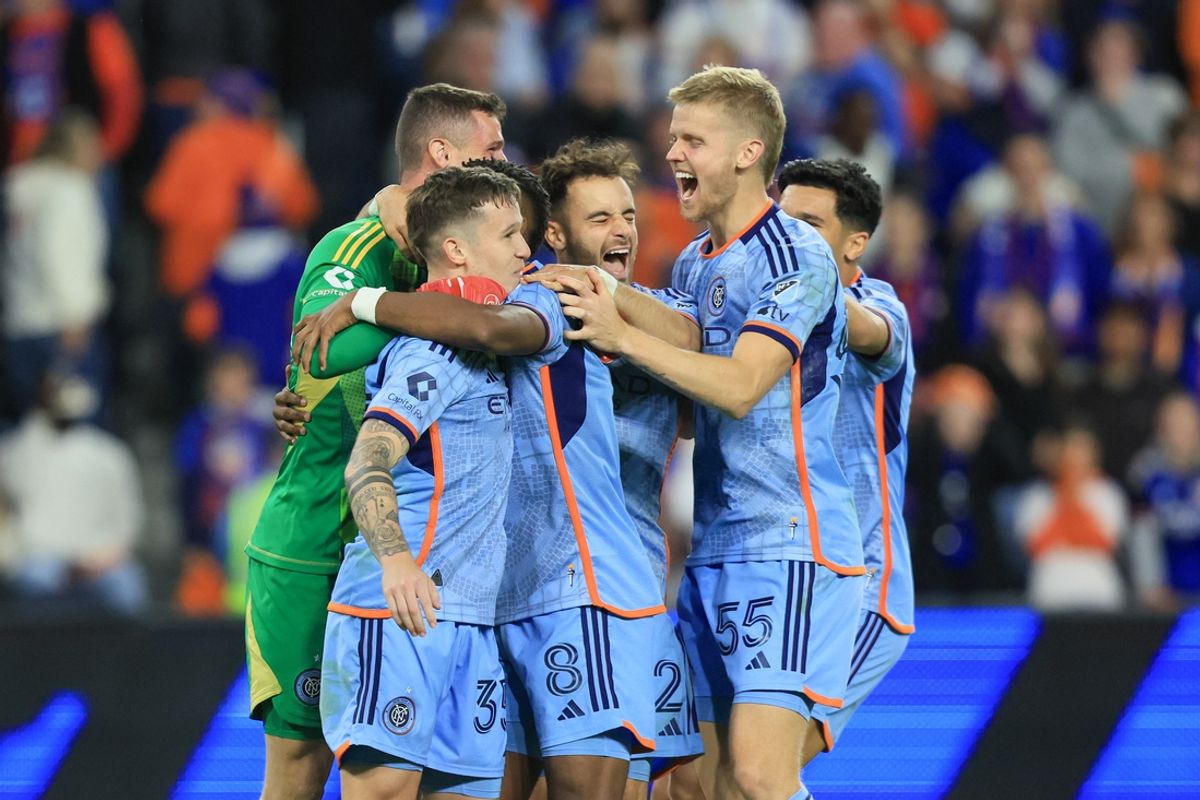 Nov 9, 2024; Cincinnati, Ohio, USA; The New York City FC celebrate after a win of a 2024 MLS Cup Playoffs Round One match against in FC Cincinnati at TQL Stadium. Mandatory Credit: Katie Stratman-Imagn Images