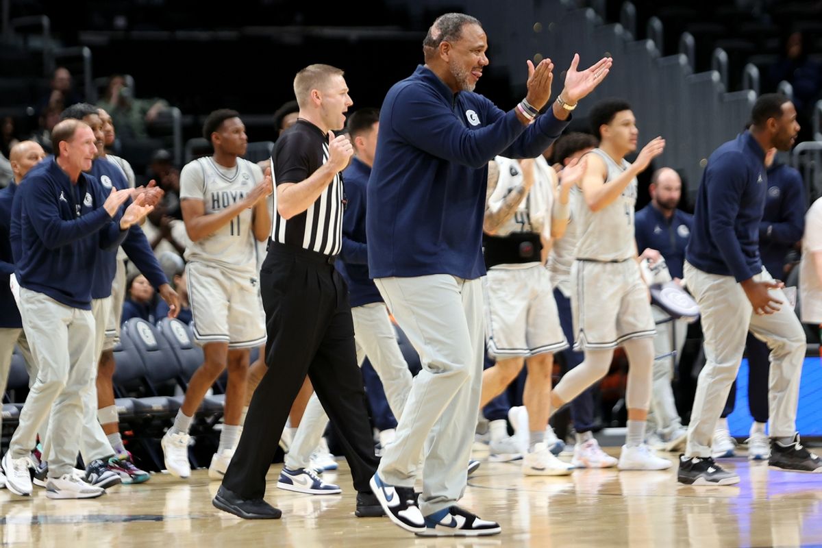 Nov 9, 2024; Washington, District of Columbia, USA; Georgetown Hoyas head coach Ed Cooley celebrates during the first half against the Fairfield Stags at Capital One Arena. Mandatory Credit: Daniel Kucin Jr.-Imagn Images
