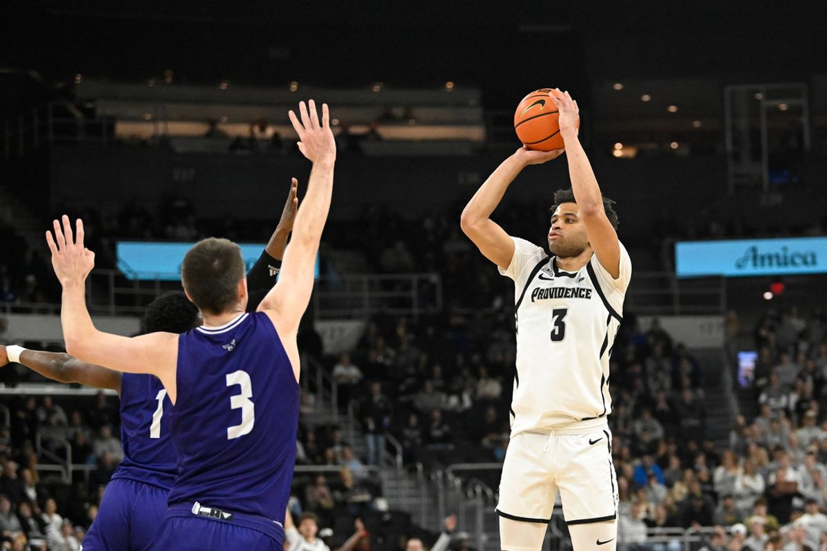 Nov 9, 2024; Providence, Rhode Island, USA; Providence Friars guard Jabri Abdur-Rahim (3) attempts a three point basket against the Stonehill Skyhawks during the first half at Amica Mutual Pavilion. Mandatory Credit: Eric Canha-Imagn Images