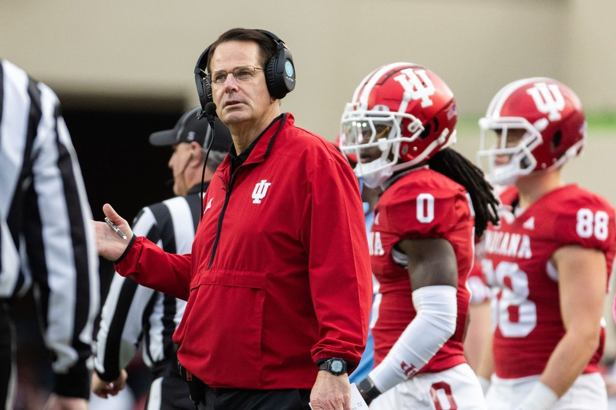 Nov 9, 2024; Bloomington, Indiana, USA; Indiana Hoosiers head coach Curt Cignetti reacts in the game against the Michigan Wolverines  at Memorial Stadium. Mandatory Credit: Trevor Ruszkowski-Imagn Images