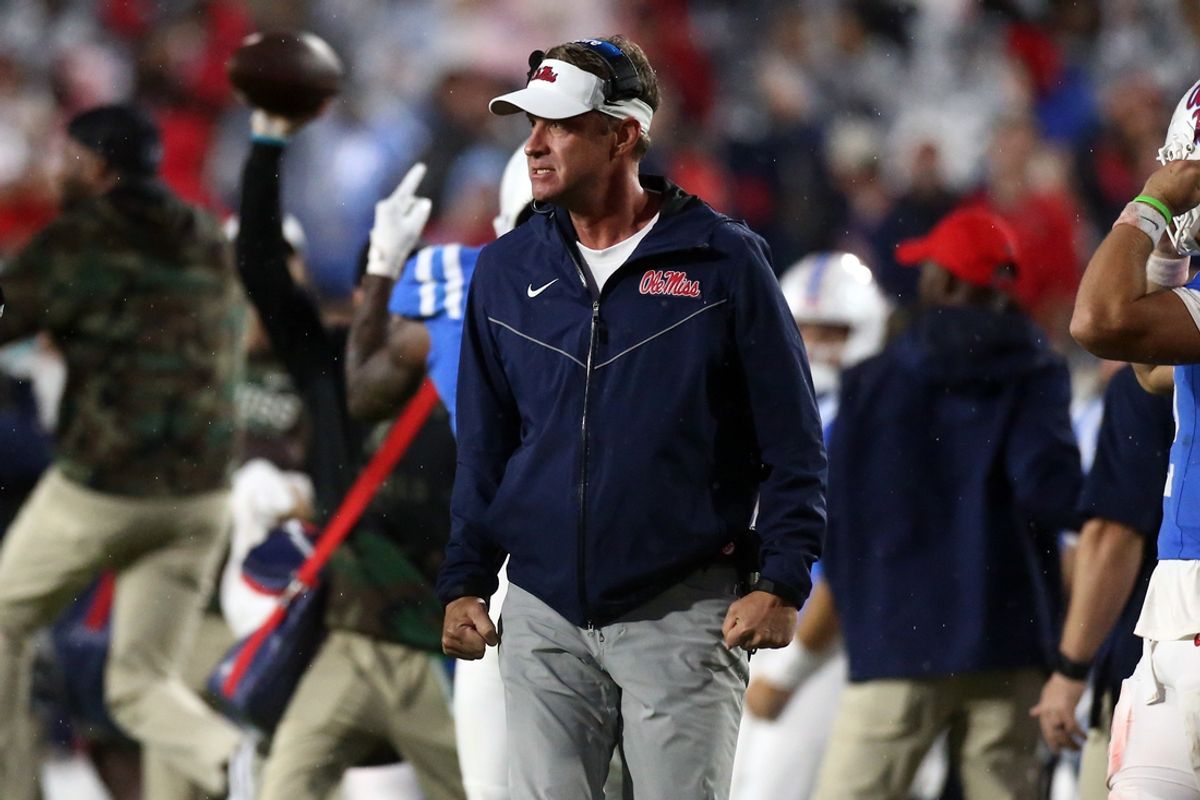 Nov 9, 2024; Oxford, Mississippi, USA; Mississippi Rebels head coach Lane Kiffin reacts during the second half  against the Georgia Bulldogs at Vaught-Hemingway Stadium. Mandatory Credit: Petre Thomas-Imagn Images