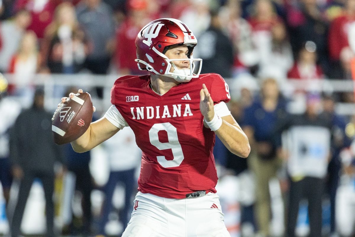 Nov 9, 2024; Bloomington, Indiana, USA; Indiana Hoosiers quarterback Kurtis Rourke (9) passes the ball in the second half against the Michigan Wolverines at Memorial Stadium. Mandatory Credit: Trevor Ruszkowski-Imagn Images
