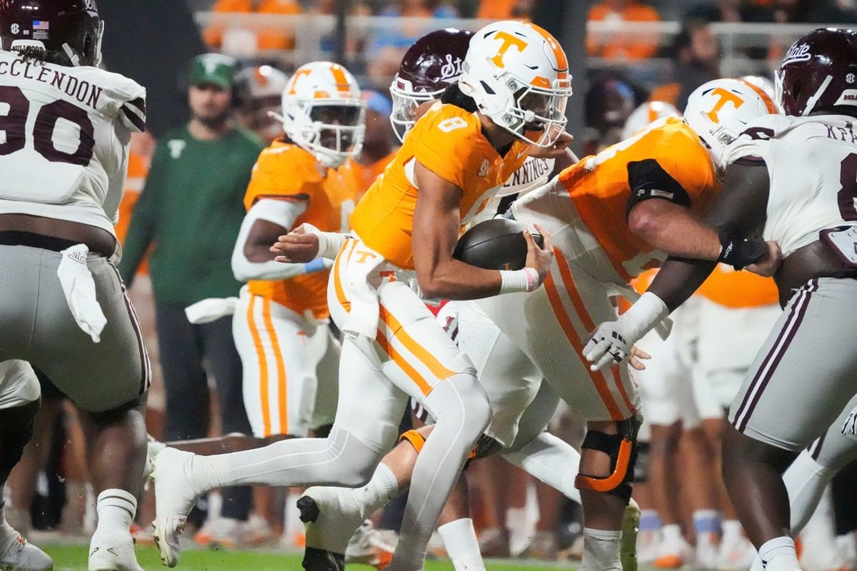 Tennessee quarterback Nico Iamaleava (8) runs with the ball during a college football game between Tennessee and Mississippi State at Neyland Stadium in Knoxville, Tenn., on Saturday, Nov. 9, 2024.