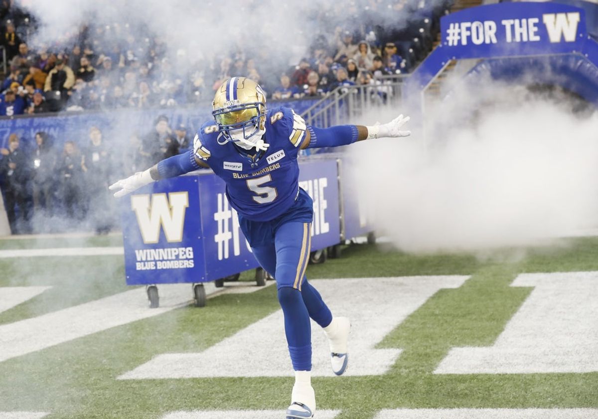 Nov 9, 2024; Winnipeg, Manitoba, CAN;  Winnipeg Blue Bombers defensive end Willie Jefferson (5) prior to the start of the game between the Winnipeg Blue Bombers and the Saskatchewan Roughriders at Princess Auto Stadium. Mandatory Credit: Bruce Fedyck-Imagn Images