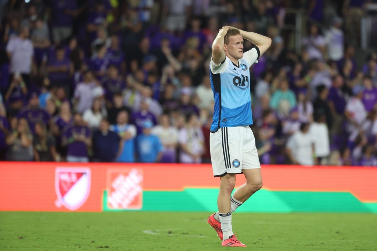 Nov 9, 2024; Orlando, Florida, USA; Charlotte FC forward Karol Swiderski (9) reacts in the second half against the Orlando City in a 2024 MLS Cup Playoffs Round One match at Inter&Co Stadium. Mandatory Credit: Kim Klement Neitzel-Imagn Images